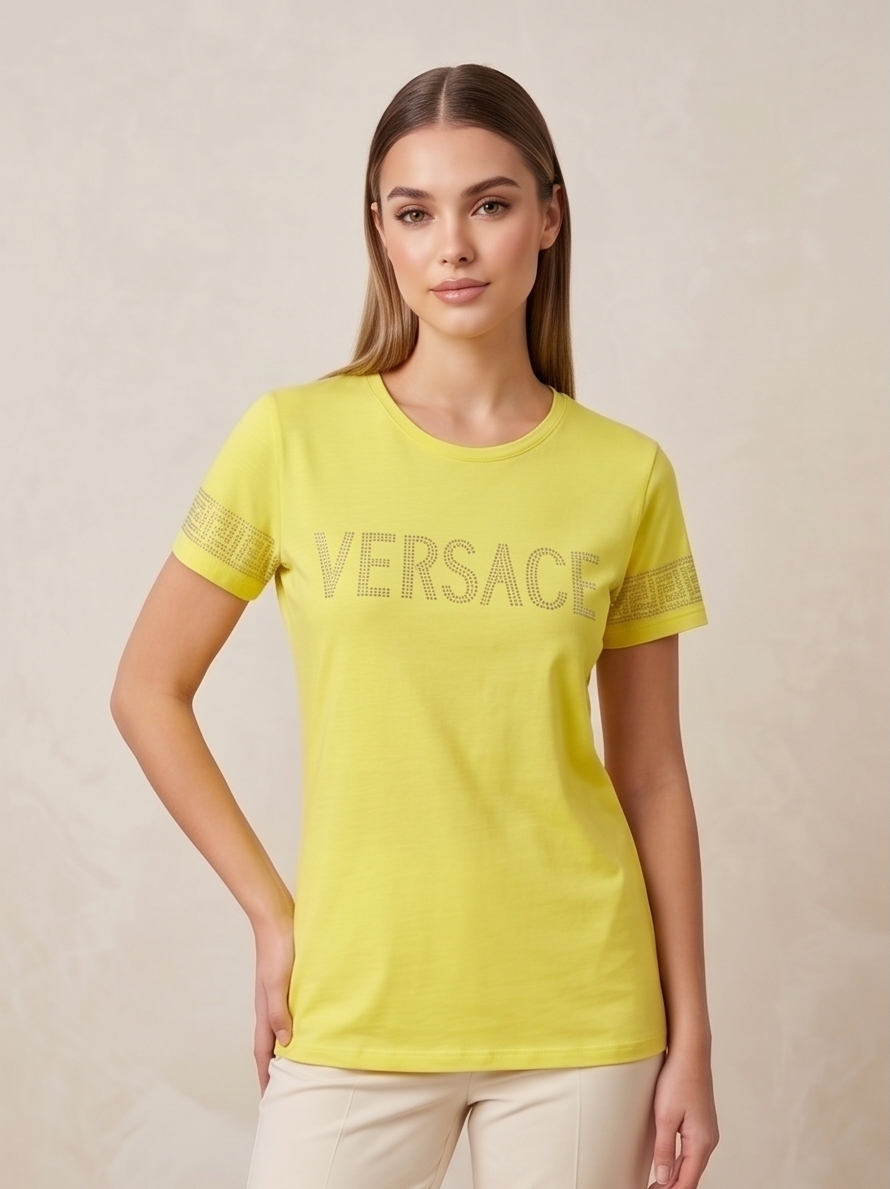 Womens Designer T-Shirt - Versace Studded Logo - Slim Fit