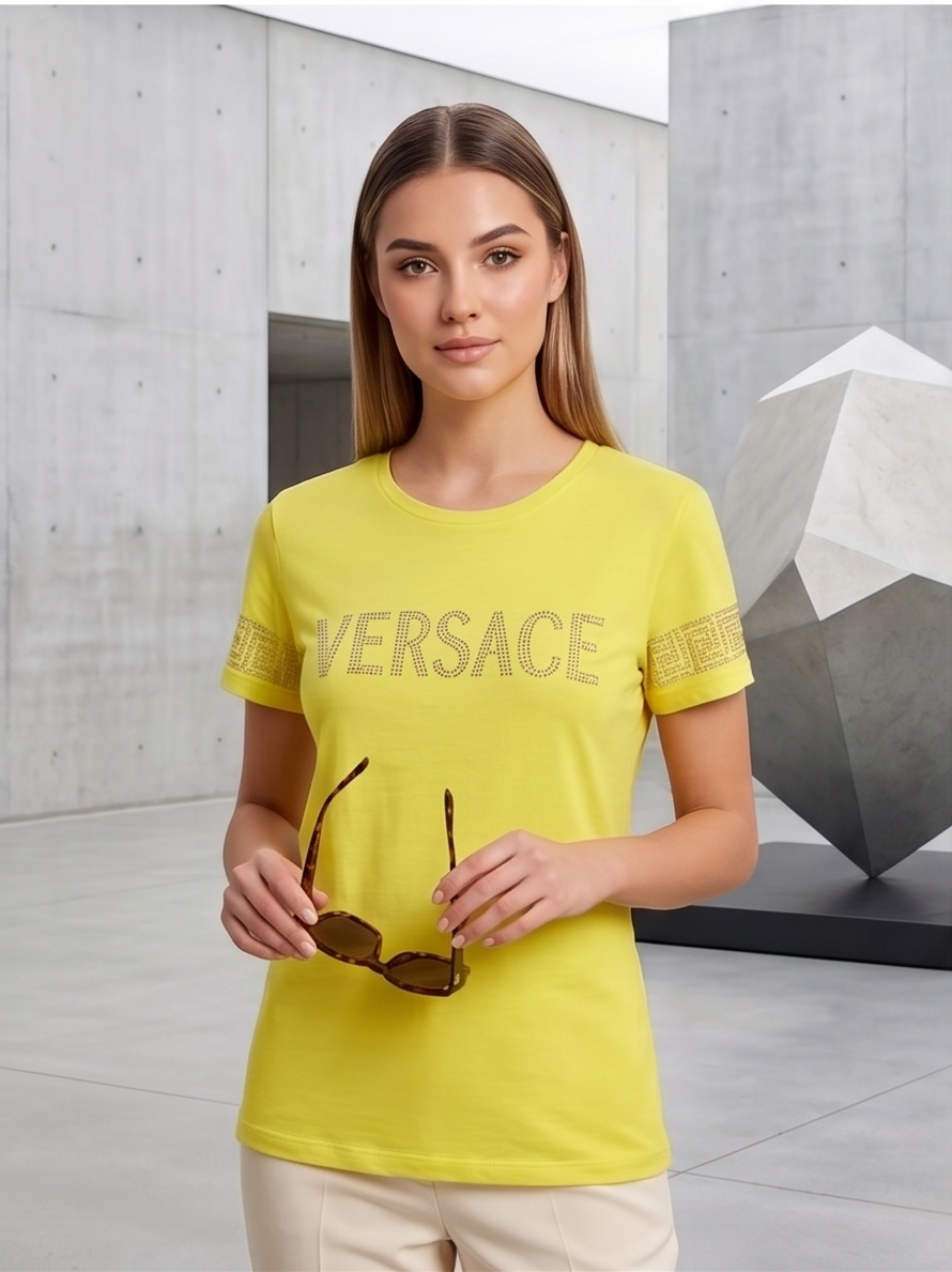 Womens Designer T-Shirt - Versace Studded Logo - Slim Fit