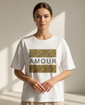 Women's White Oversized T-shirt with Leopard Print & 'AMOUR' Design