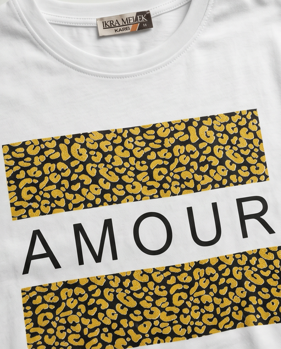 Women's White Oversized T-shirt with Leopard Print & 'AMOUR' Design