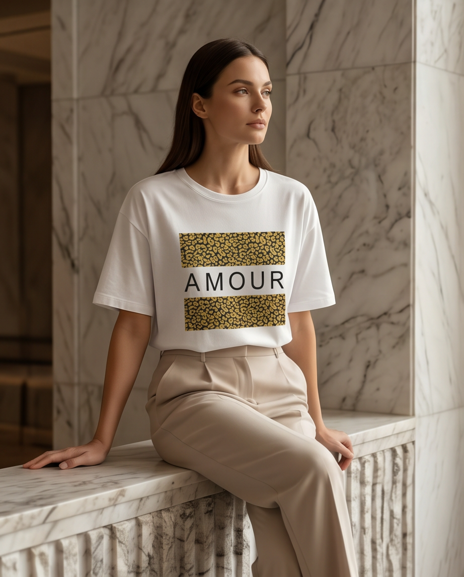 Women's White Oversized T-shirt with Leopard Print & 'AMOUR' Design