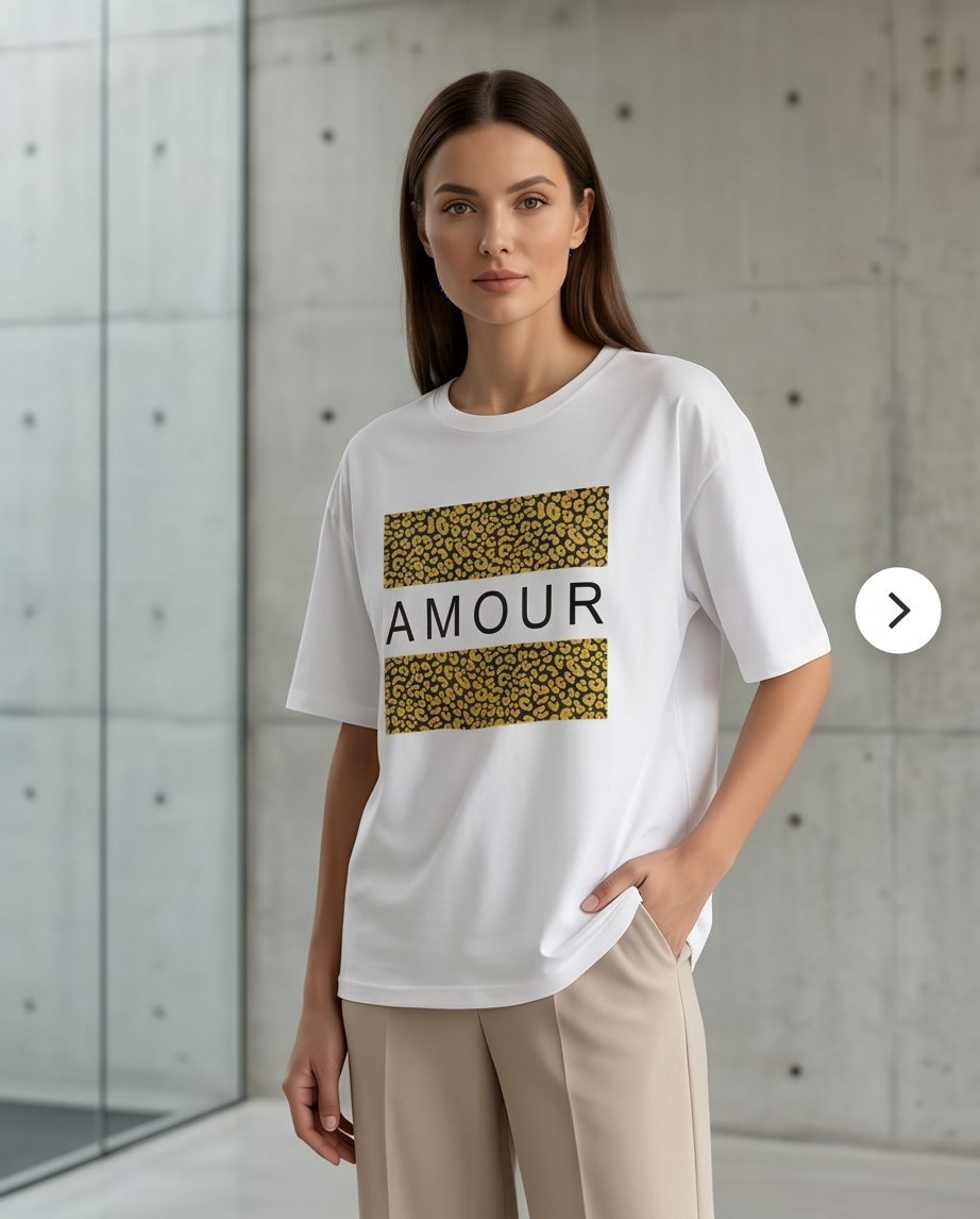 Women's White Oversized T-shirt with Leopard Print & 'AMOUR' Design