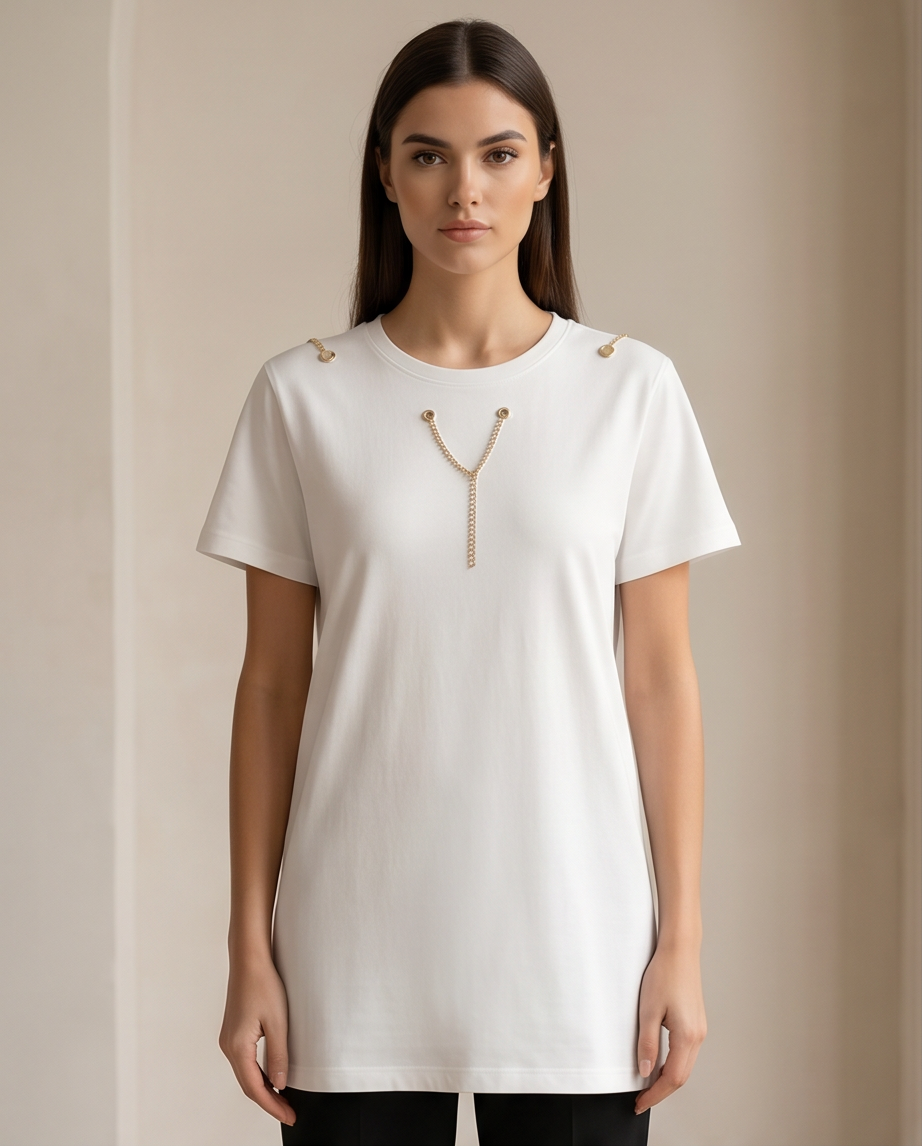 Asimple yet elegant white t-shirt featuring unique gold chain detailing on the shoulders and front, perfect for a sophisticated casual look