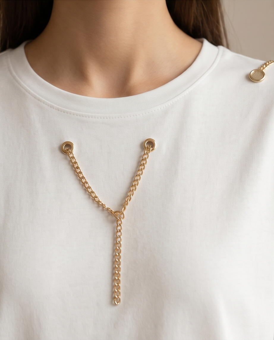 Asimple yet elegant white t-shirt featuring unique gold chain detailing on the shoulders and front, perfect for a sophisticated casual look