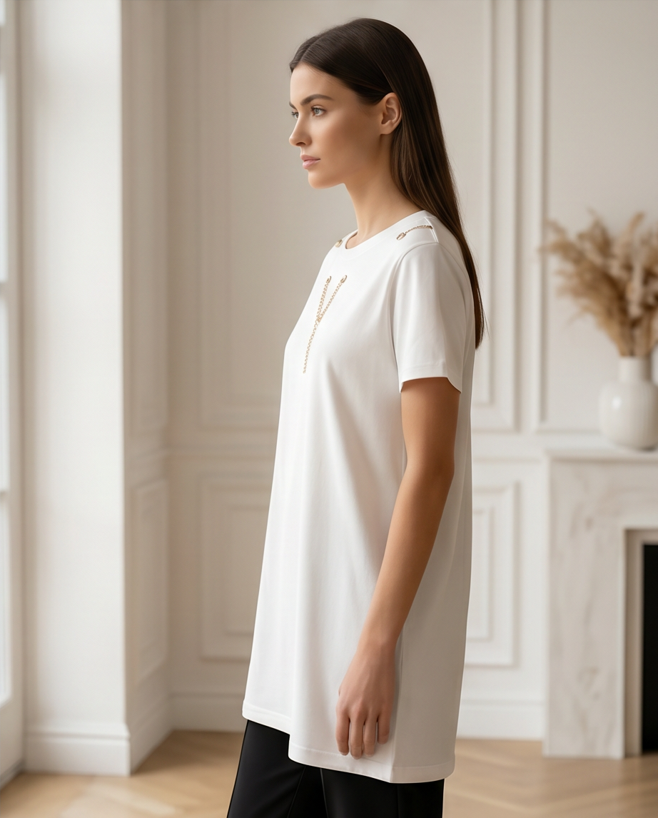 Asimple yet elegant white t-shirt featuring unique gold chain detailing on the shoulders and front, perfect for a sophisticated casual look