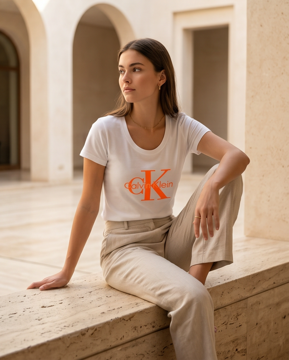 Women's White T-shirt with Orange Logo CK- Slim Fit