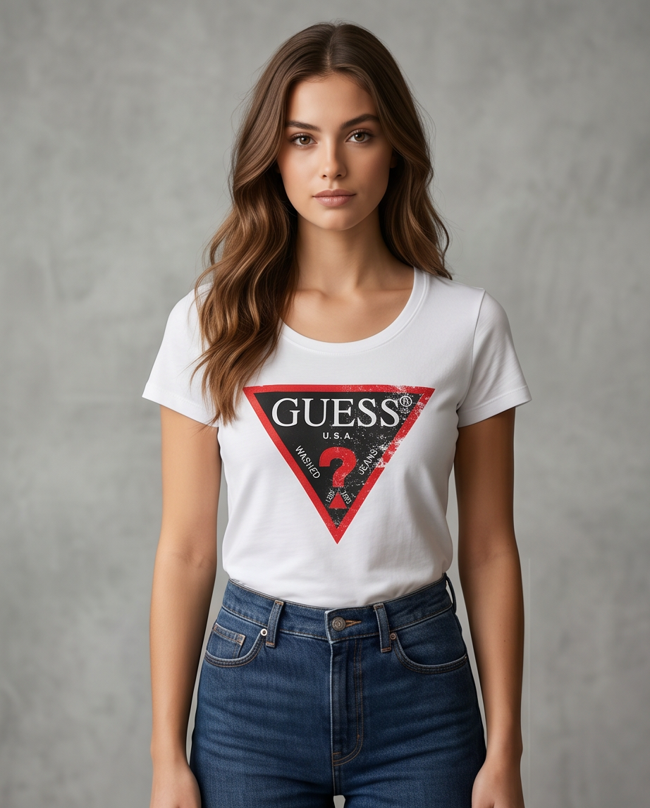 Women's White T-shirt with GUESS Triangle Logo - Slim Fit