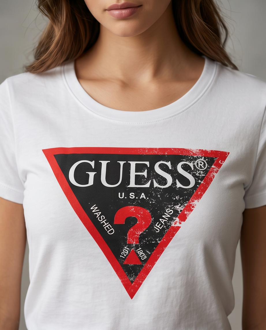 Women's White T-shirt with GUESS Triangle Logo - Slim Fit
