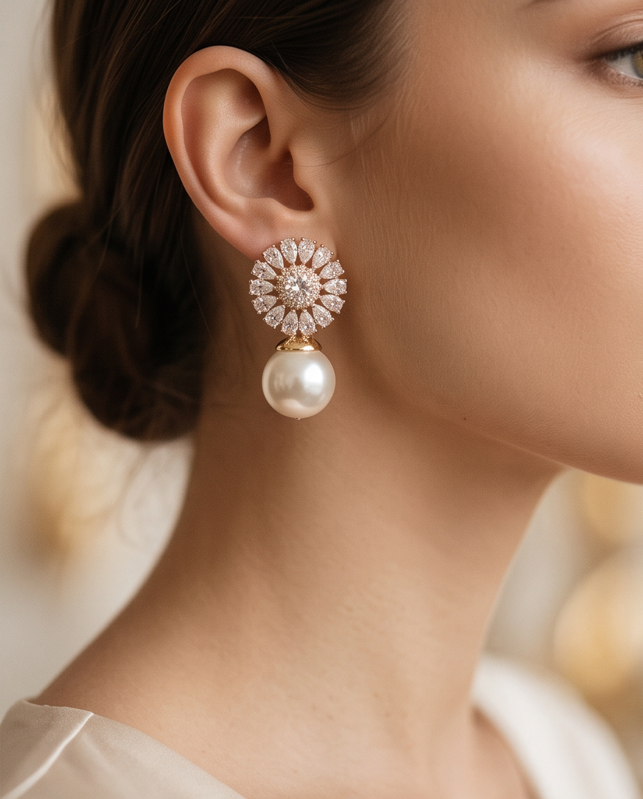 Elegant Crystal & Pearl Earrings %100 zircon