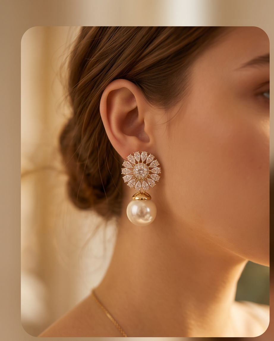 Elegant Crystal & Pearl Earrings %100 zircon