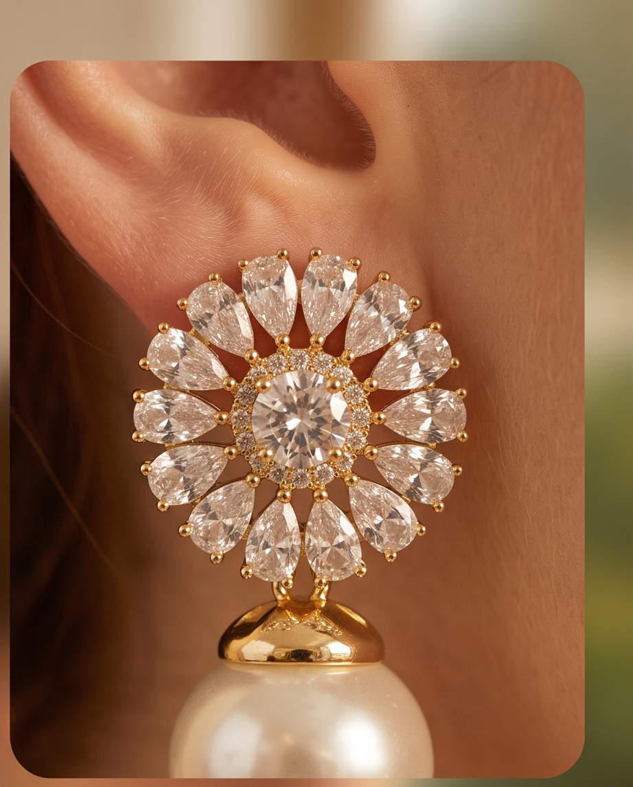 Elegant Crystal & Pearl Earrings %100 zircon