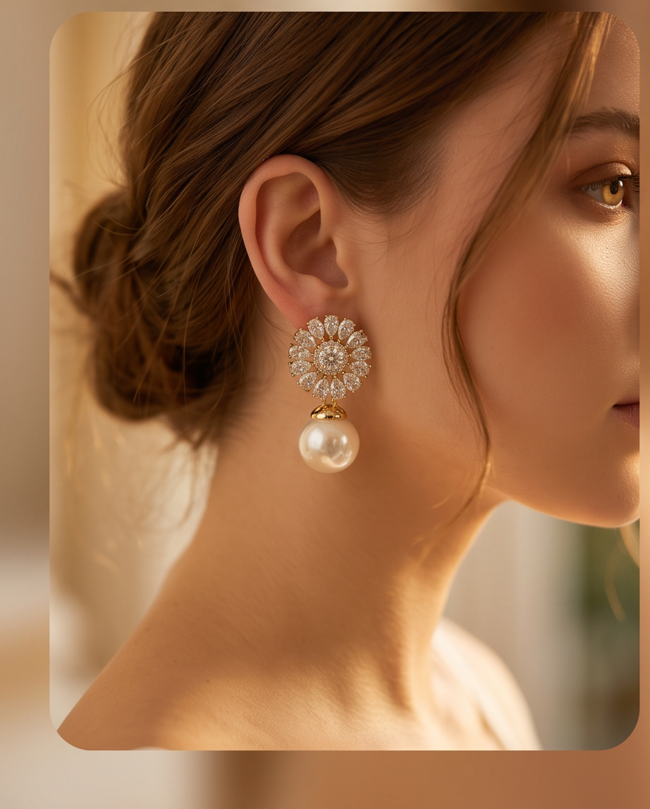 Elegant Crystal & Pearl Earrings %100 zircon