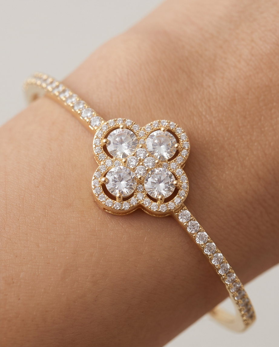 Golden Clover Crystal Bangle %100 zircon