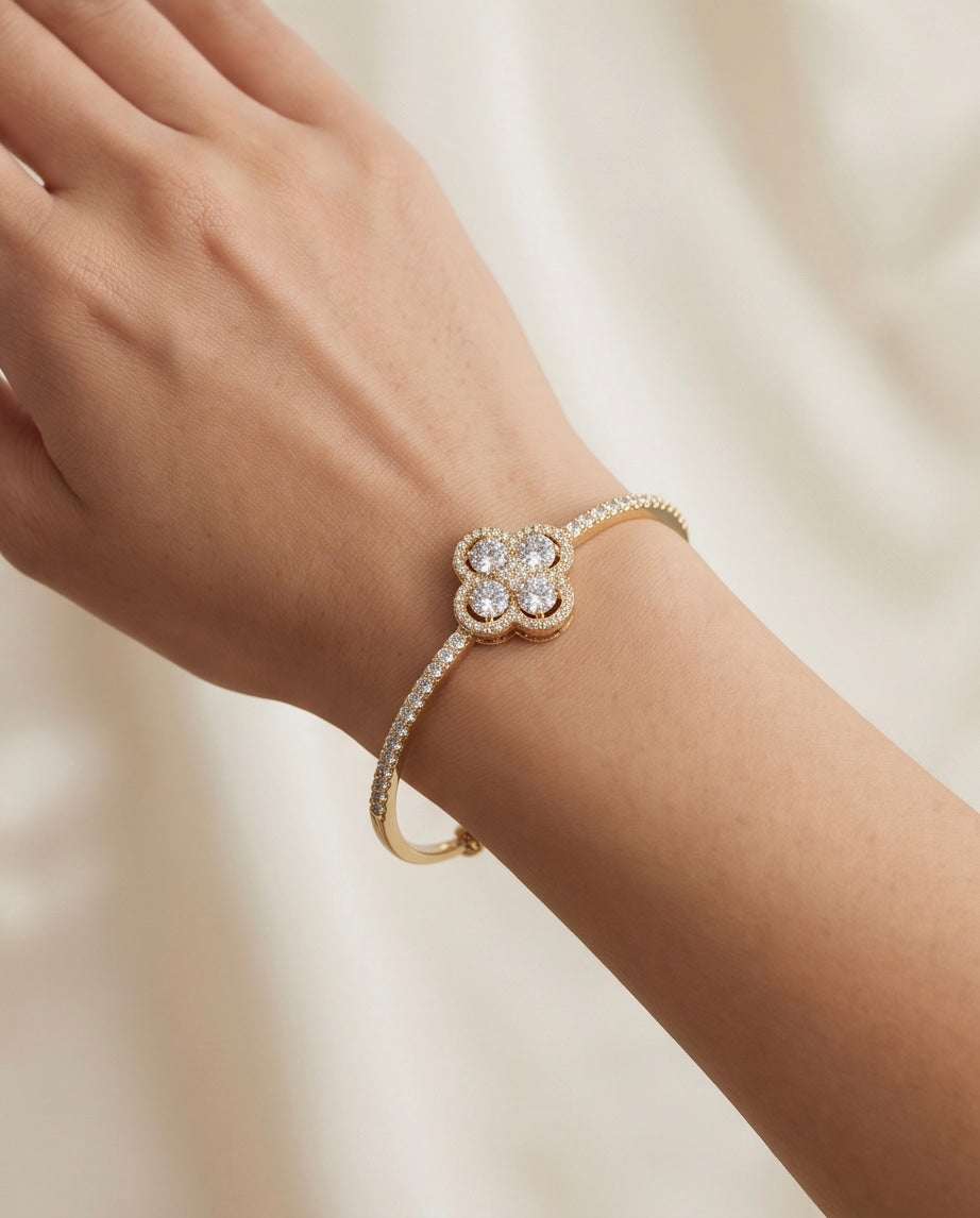 Golden Clover Crystal Bangle %100 zircon