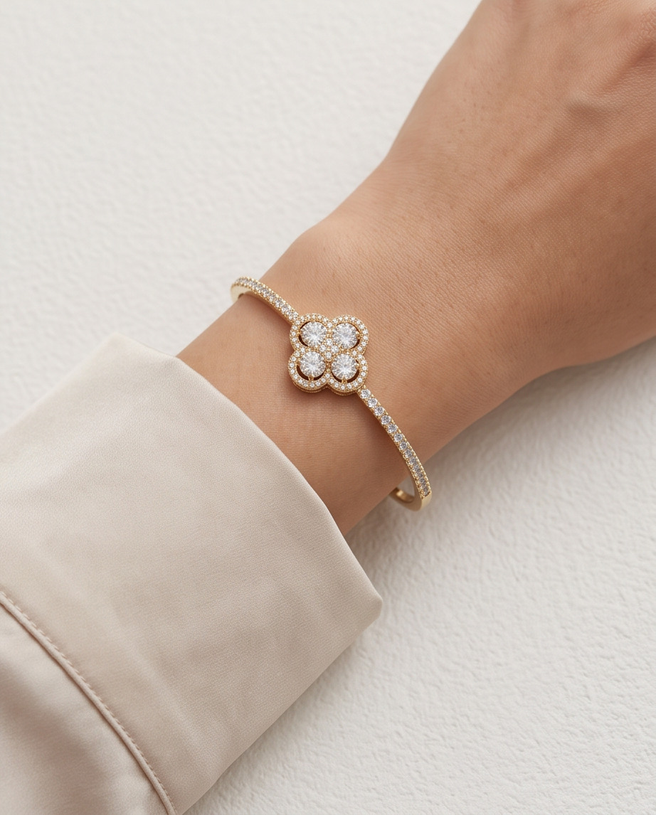 Golden Clover Crystal Bangle %100 zircon