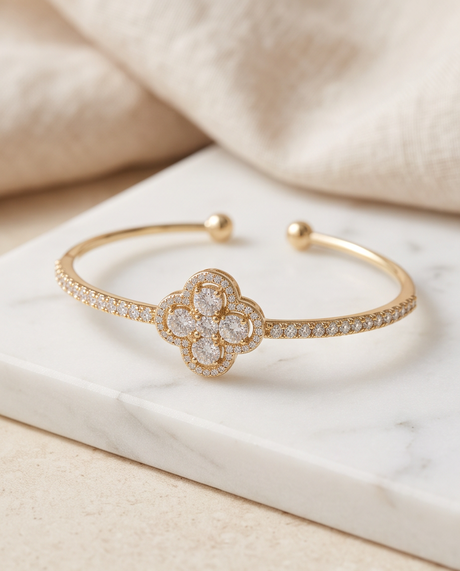 Golden Clover Crystal Bangle %100 zircon