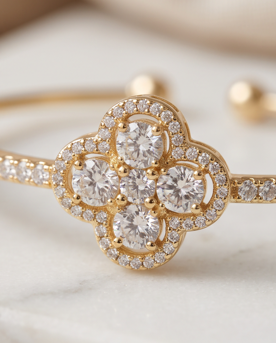 Golden Clover Crystal Bangle %100 zircon