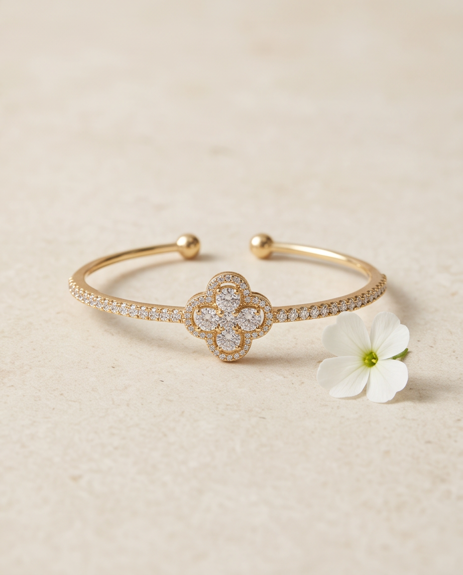Golden Clover Crystal Bangle %100 zircon