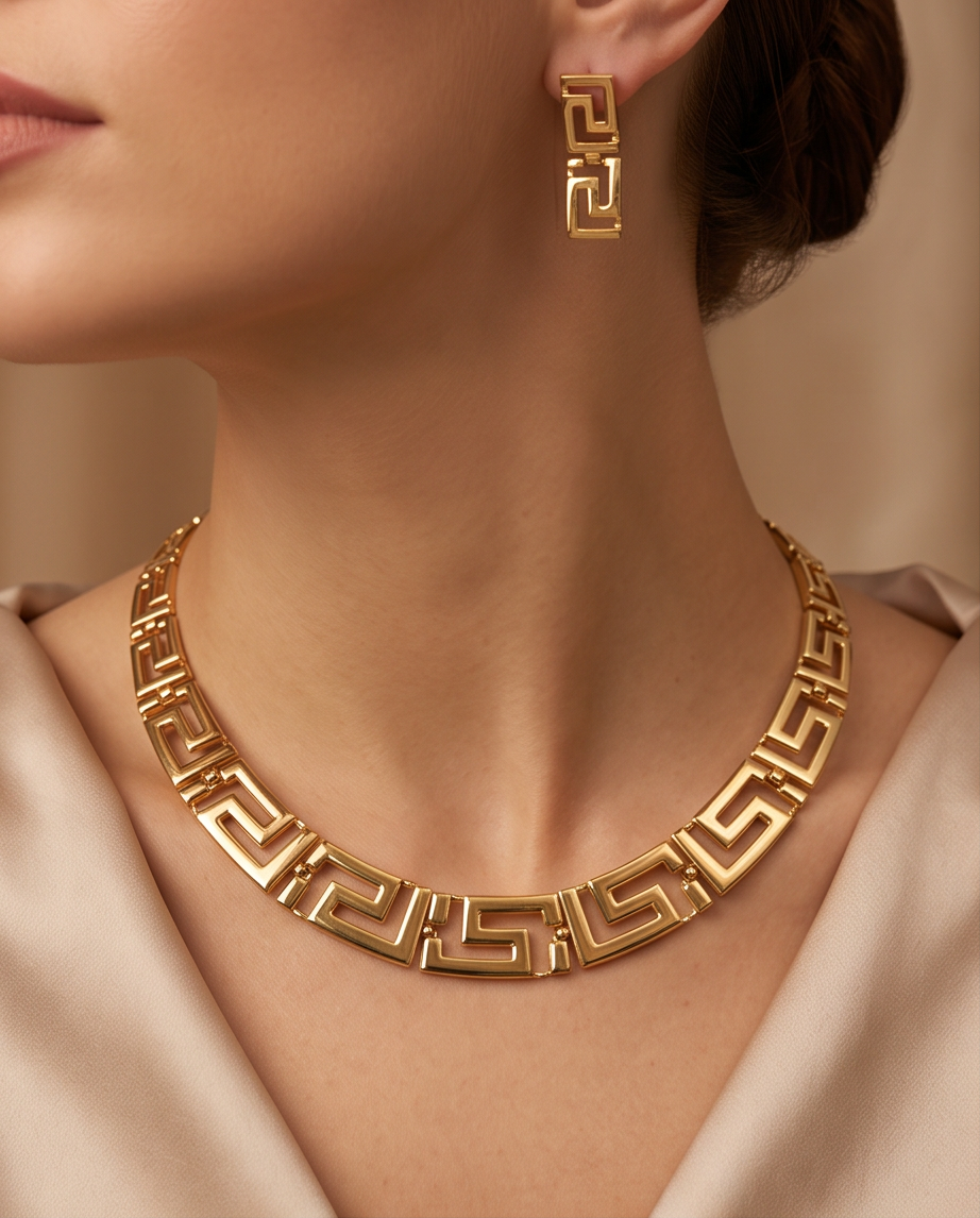 4 pcs Luxury Gold-Plated Crystal Greek Key Jewelry Set