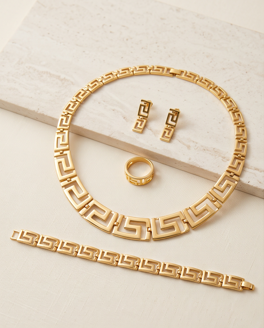 4 pcs Luxury Gold-Plated Crystal Greek Key Jewelry Set