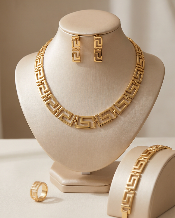 4 pcs Luxury Gold-Plated Crystal Greek Key Jewelry Set