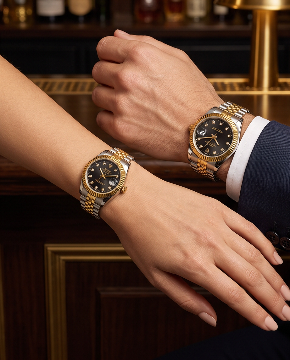 طقم ساعات Rolex رجالي ونسائي مزدوج بتصميم راقي وفاخر