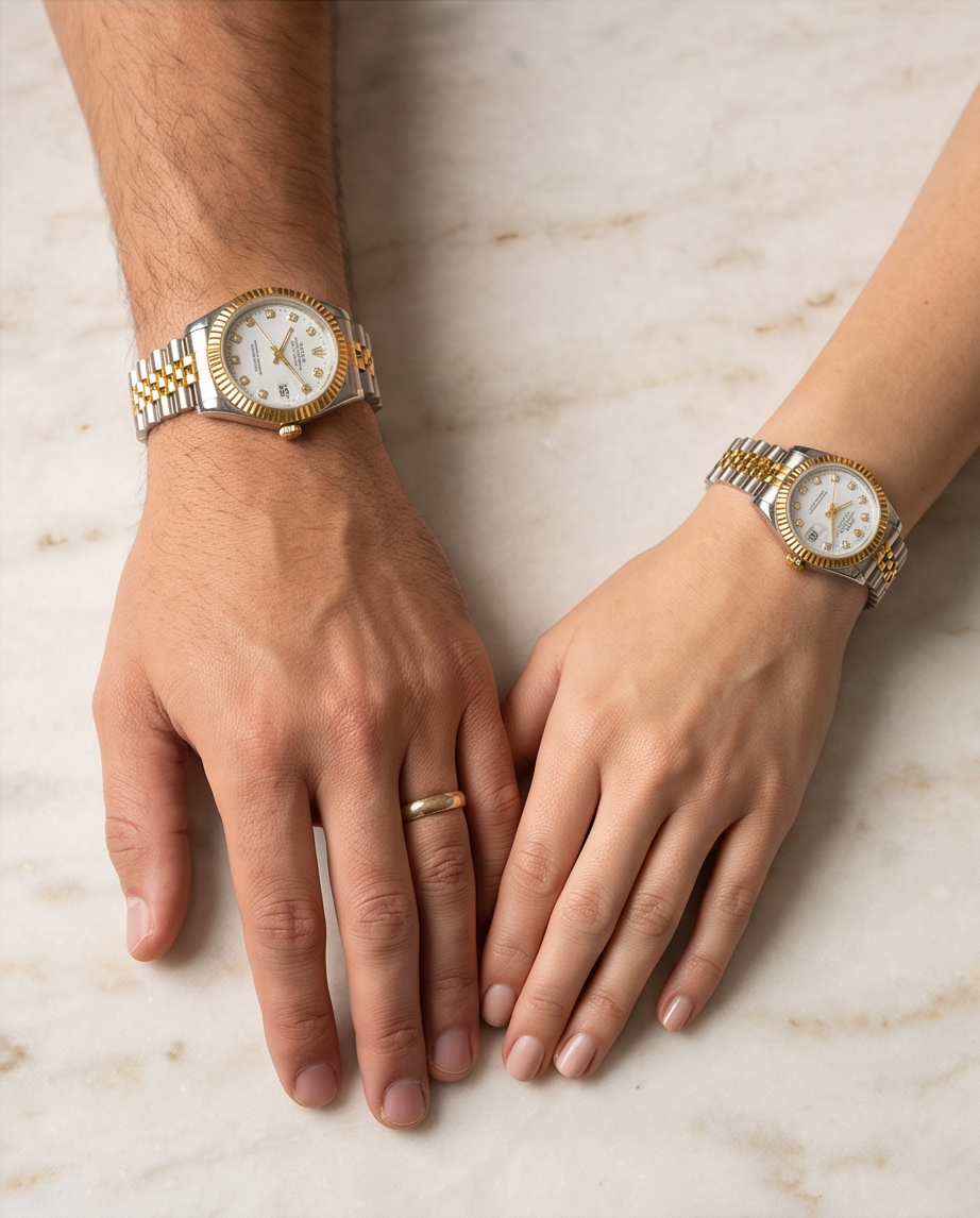 طقم ساعات قطعتین Rolex رجالي ونسائي مزدوج بتصميم راقي وفاخر