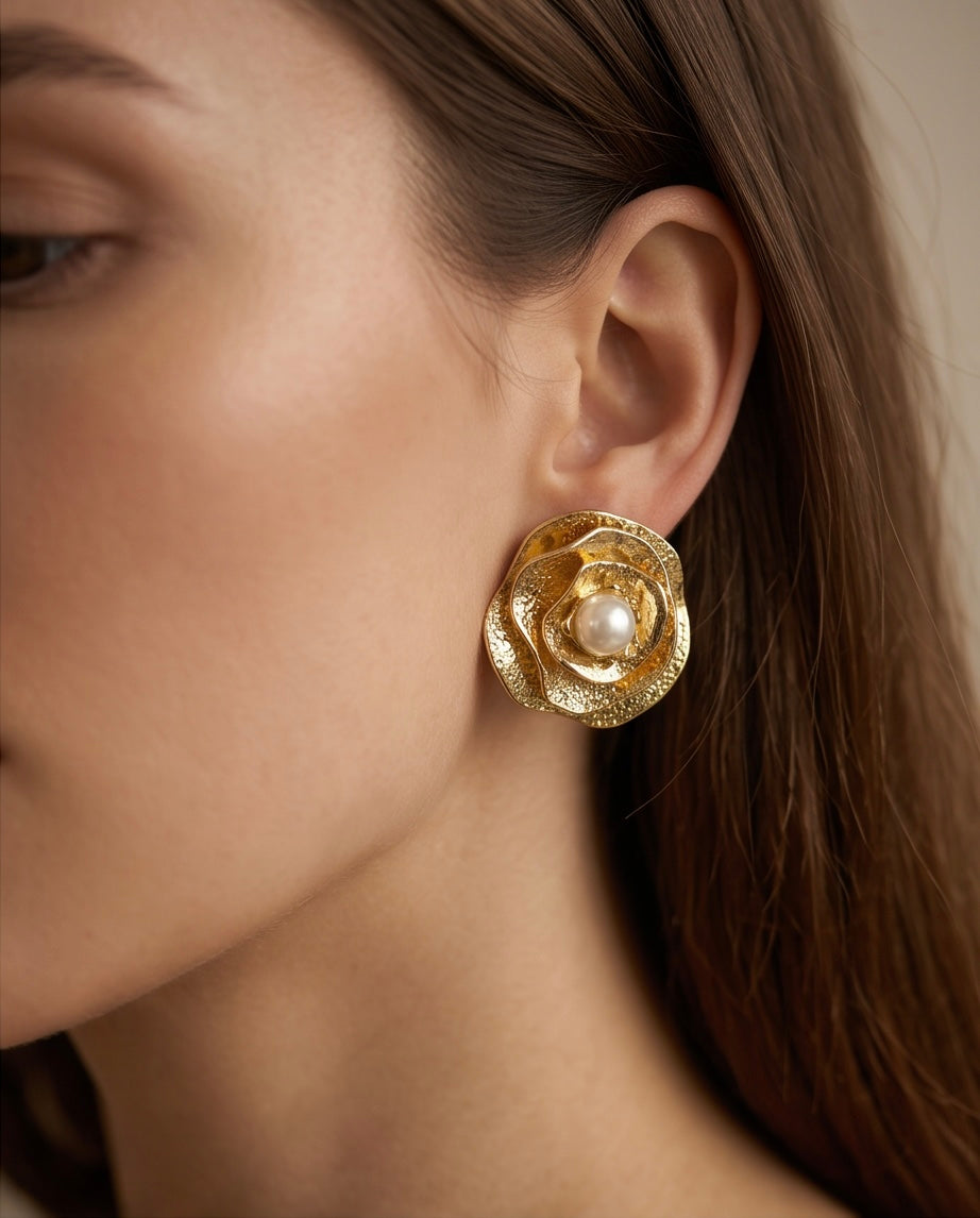 Gold-Plated Rose and Pearl Stud Earrings