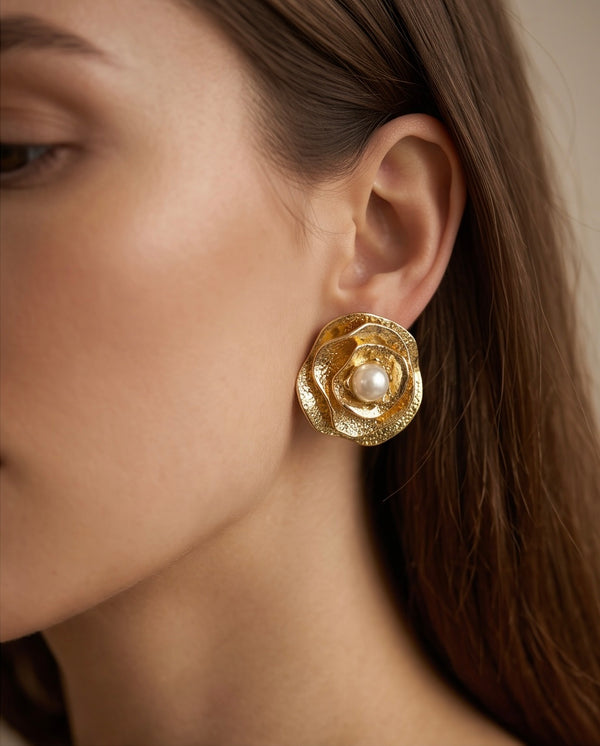 Gold-Plated Rose and Pearl Stud Earrings