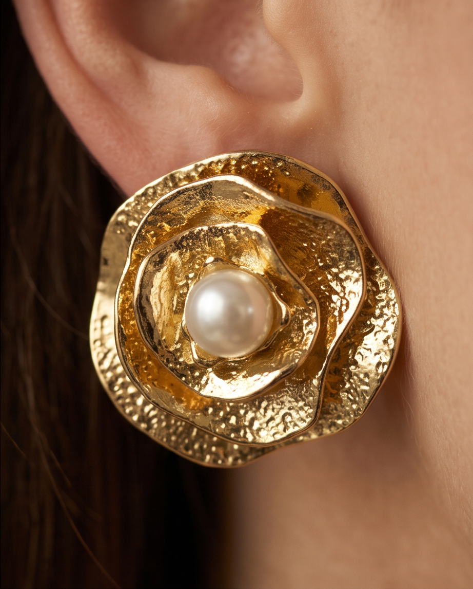 Gold-Plated Rose and Pearl Stud Earrings