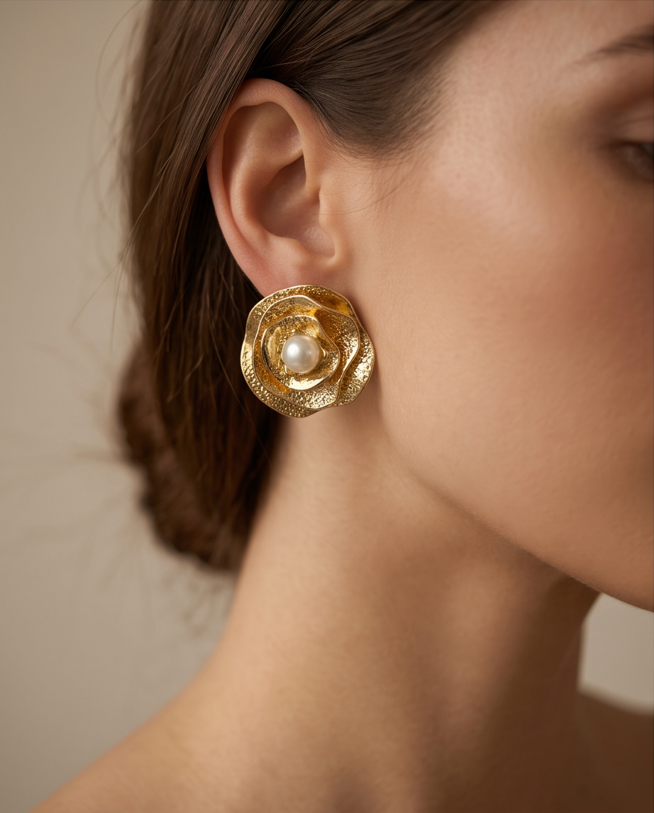 Gold-Plated Rose and Pearl Stud Earrings