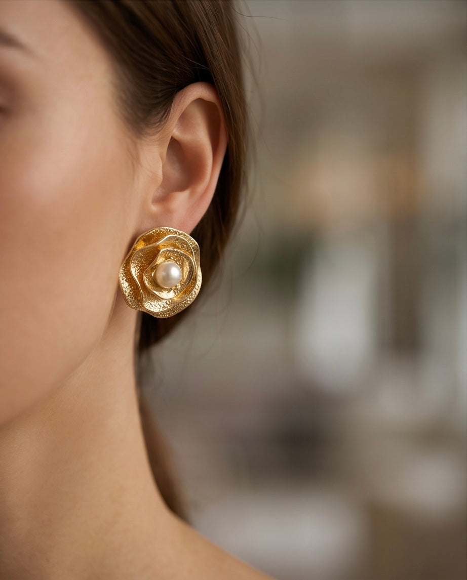 Gold-Plated Rose and Pearl Stud Earrings